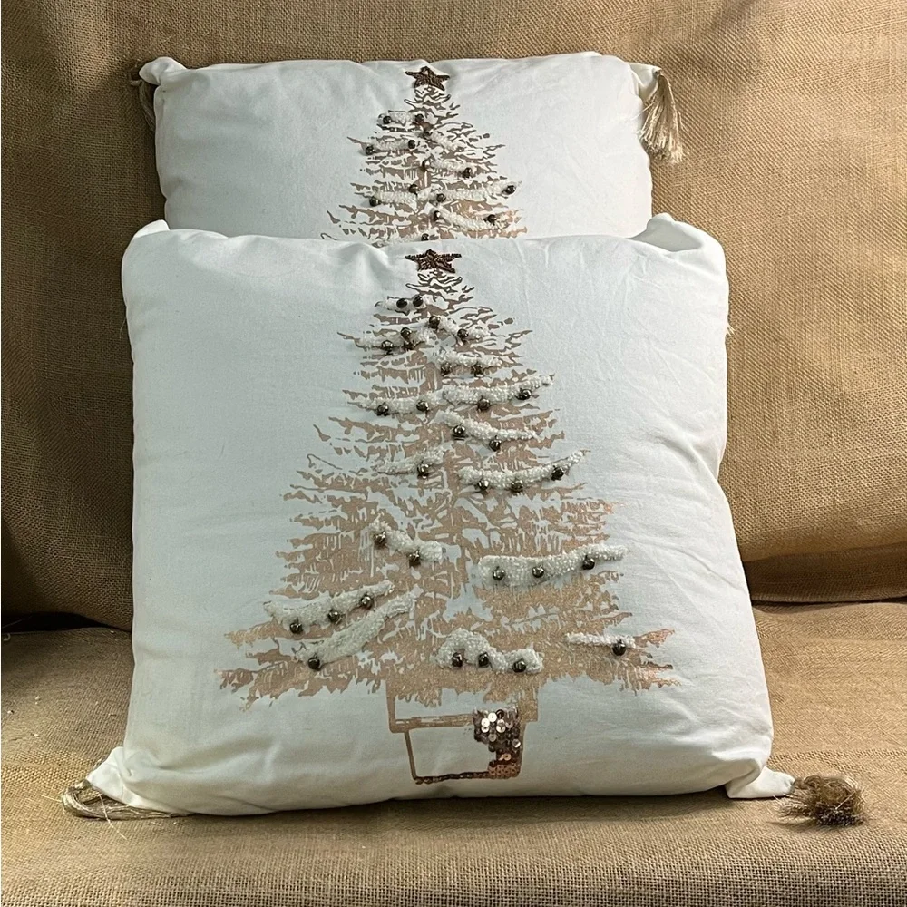 Set Of 2 Beautiful Embroidered Beaded Christmas Tree Pillows